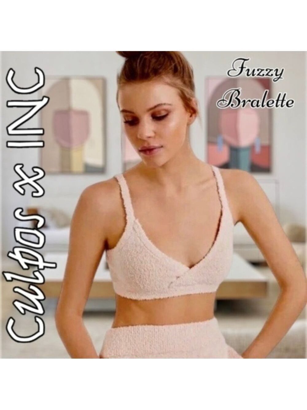 CULPOS x INC Fuzzy Stretch Knit Bralette Cropped Tank Top-Nude Blush NWT/LG